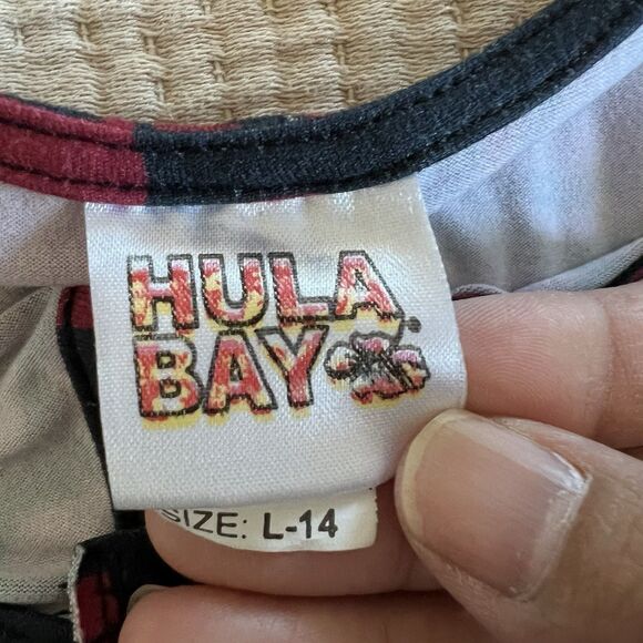 Hula Bay Hawaiian Top Women Large Red Floral Tropical Short Sleeve Stretch - Picture 6 of 6